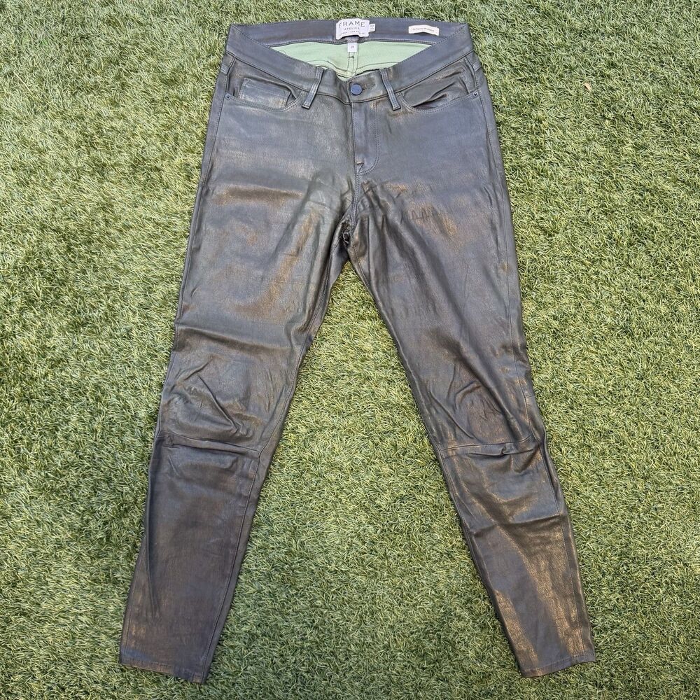 Frame Le Skinny de Jeanne Lamb Leather Pants Pine Green Women Size 28 Biker Goth